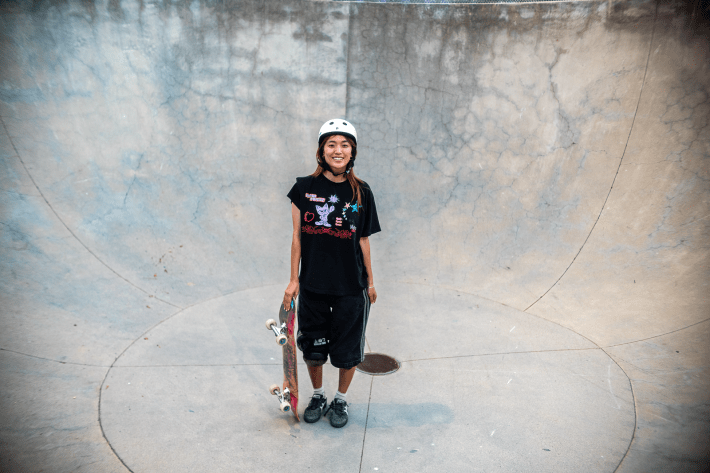 a girl stands inside a bowl at The Cove Skatepark in Santa Monica