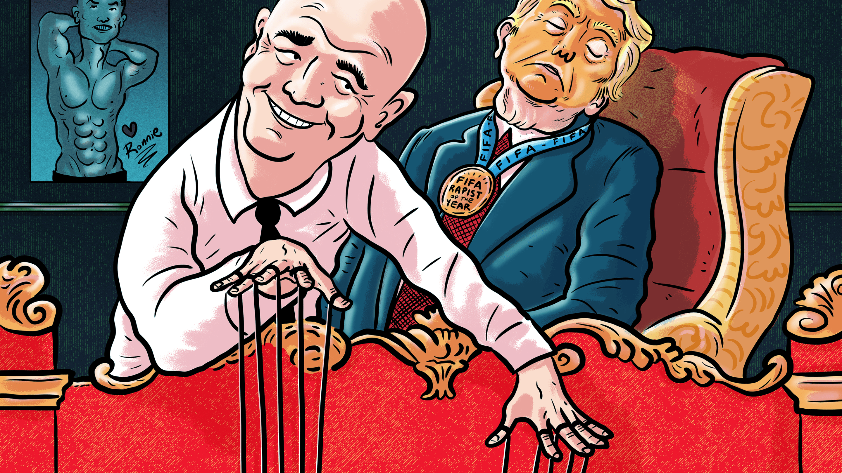 a man uses puppet strings while Donald Trump sleeps behind him. a poster of Cristiano Ronaldo is in the background.