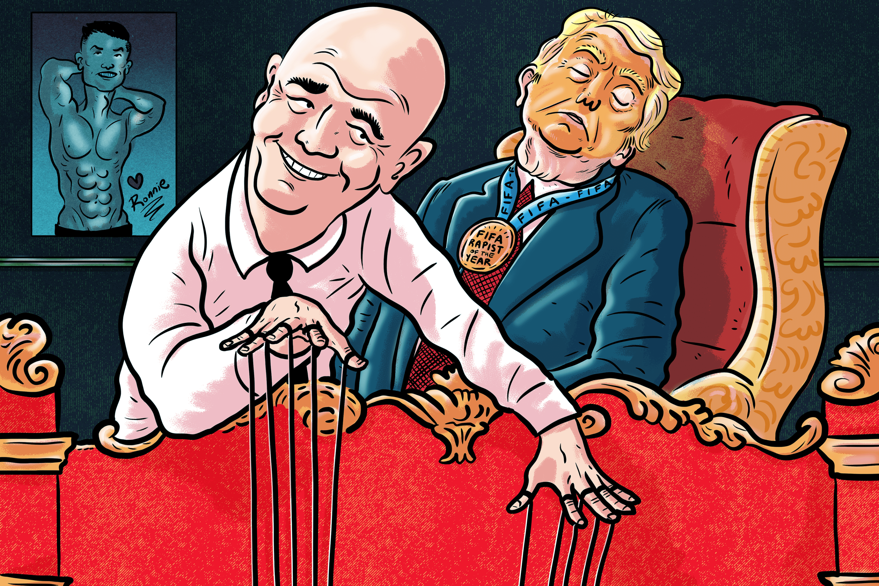a man uses puppet strings while Donald Trump sleeps behind him. a poster of Cristiano Ronaldo is in the background.
