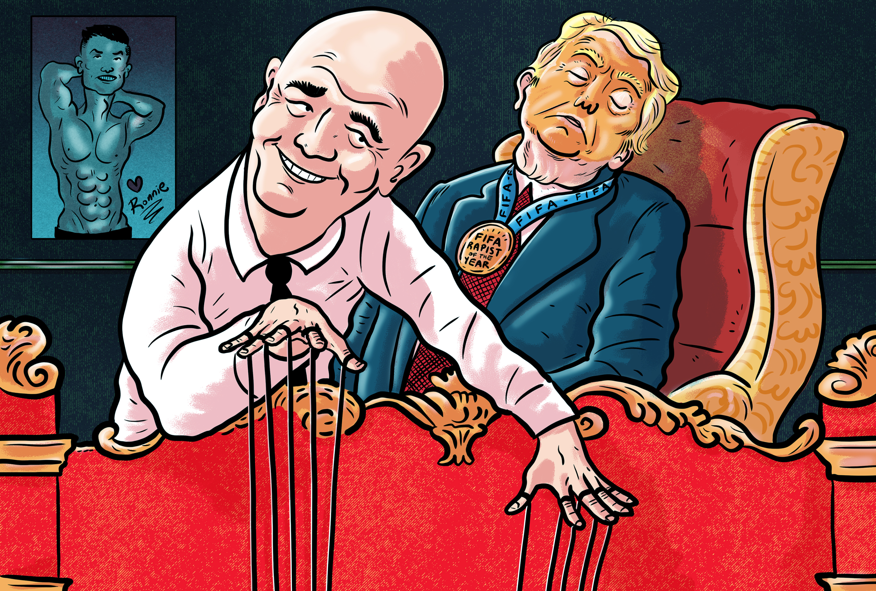 a man uses puppet strings while Donald Trump sleeps behind him. a poster of Cristiano Ronaldo is in the background.