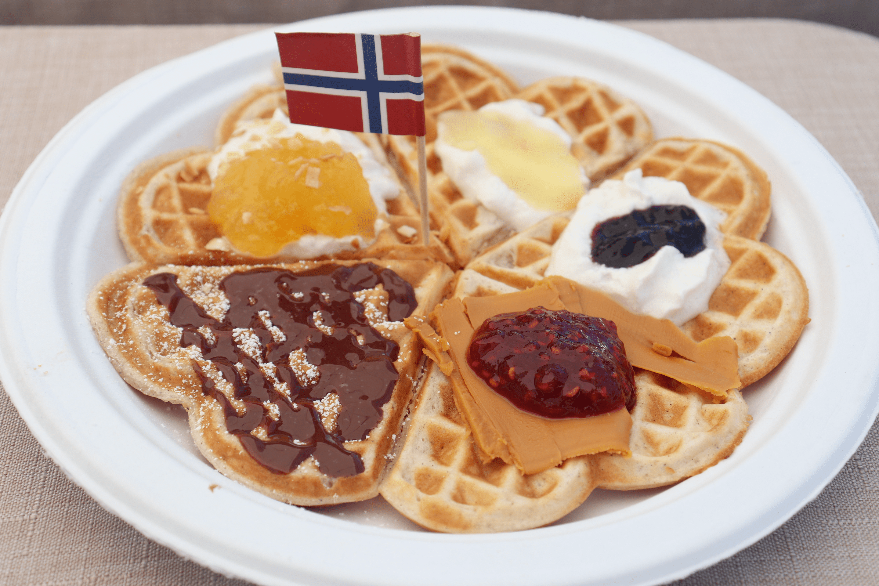 a waffle with various toppings