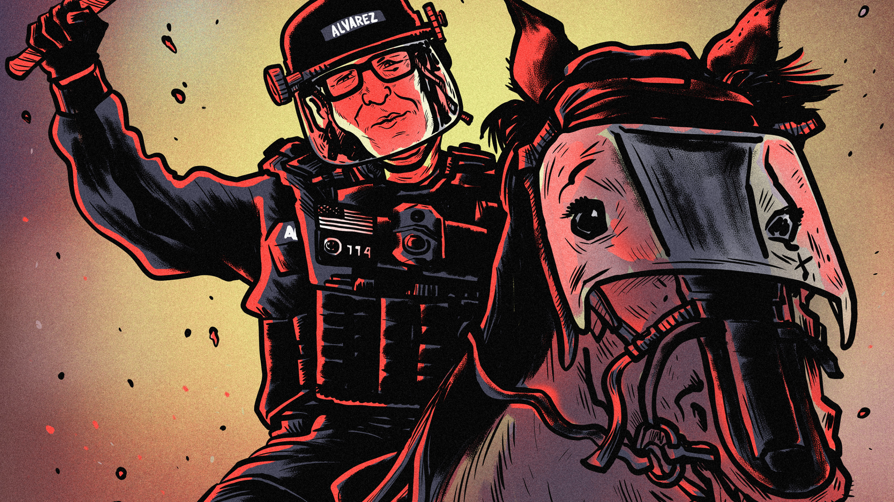 an LAPD officer on a horse raises his baton