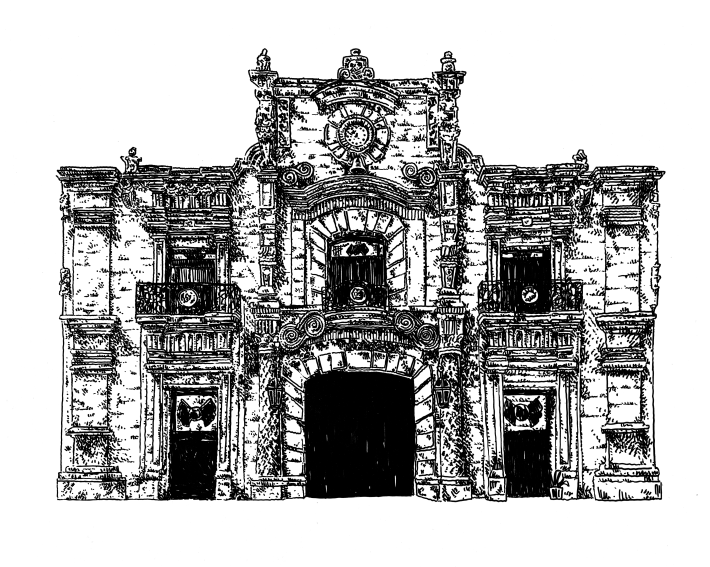 a black and white illustration of a building called Plaza Mexico