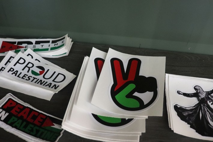 "Proud Palestinian" and "Peace in Palestine," stickers