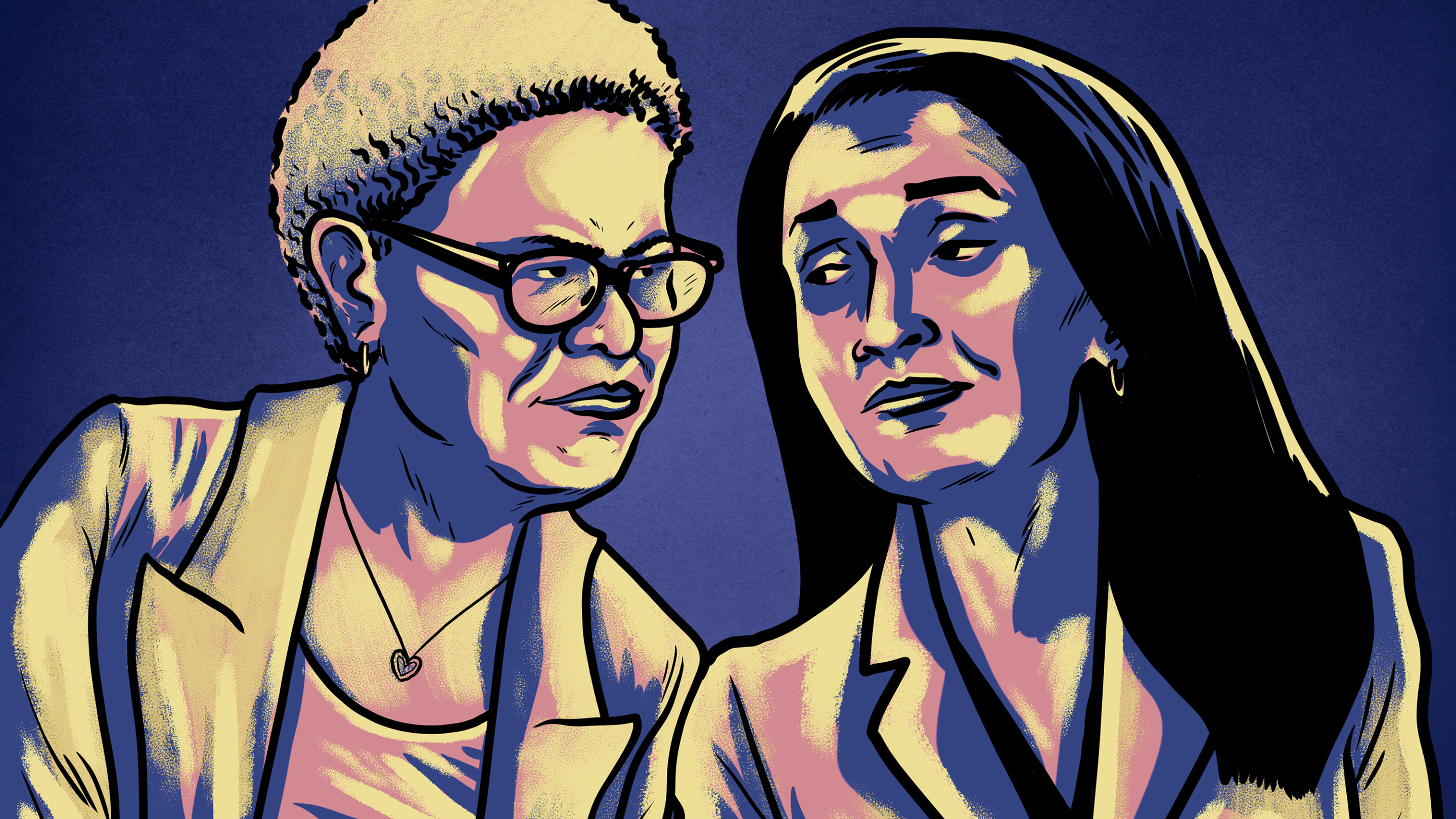 a drawing of Karen Bass and Nithya Raman looking at one another