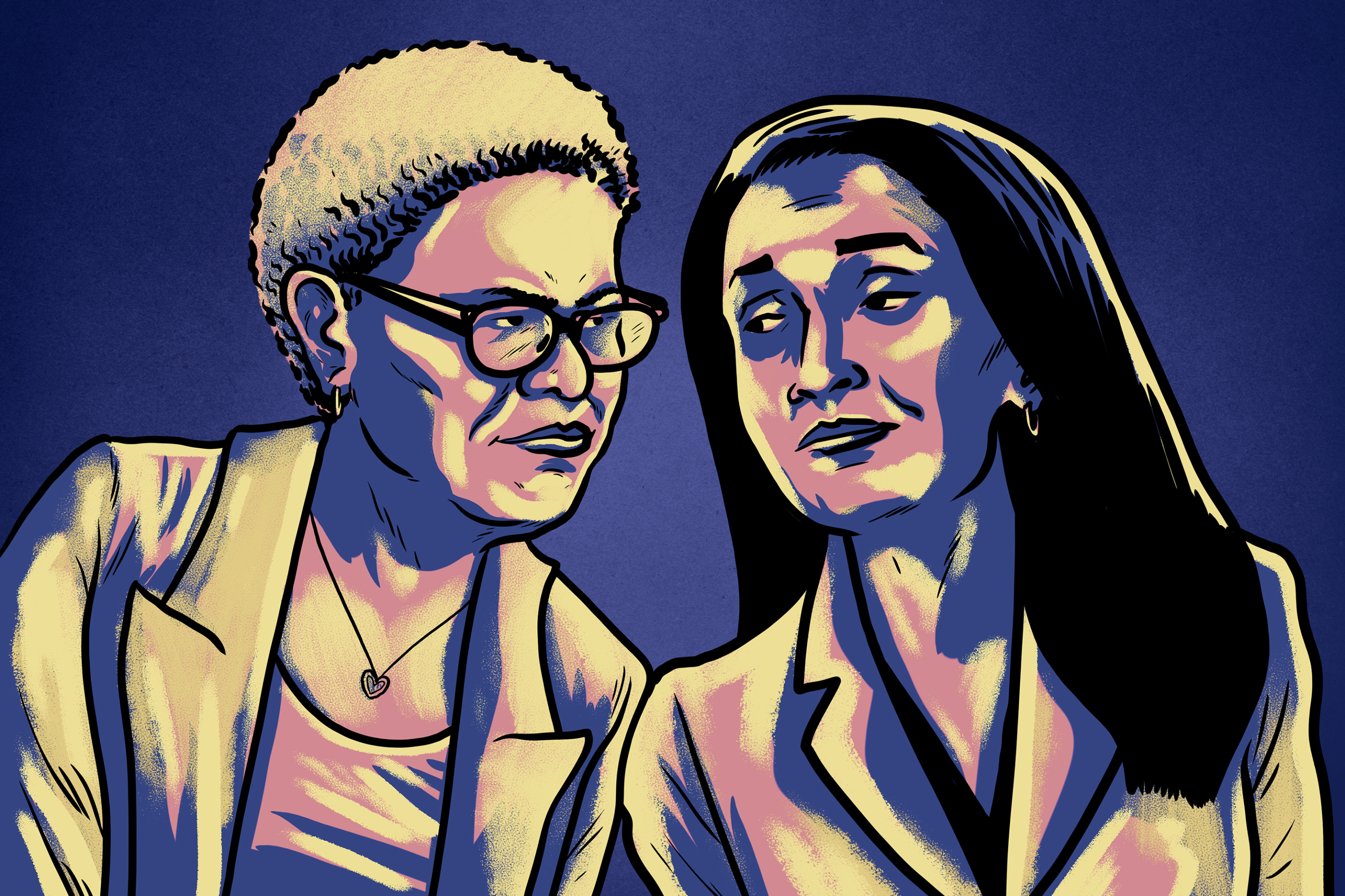 a drawing of Karen Bass and Nithya Raman looking at one another