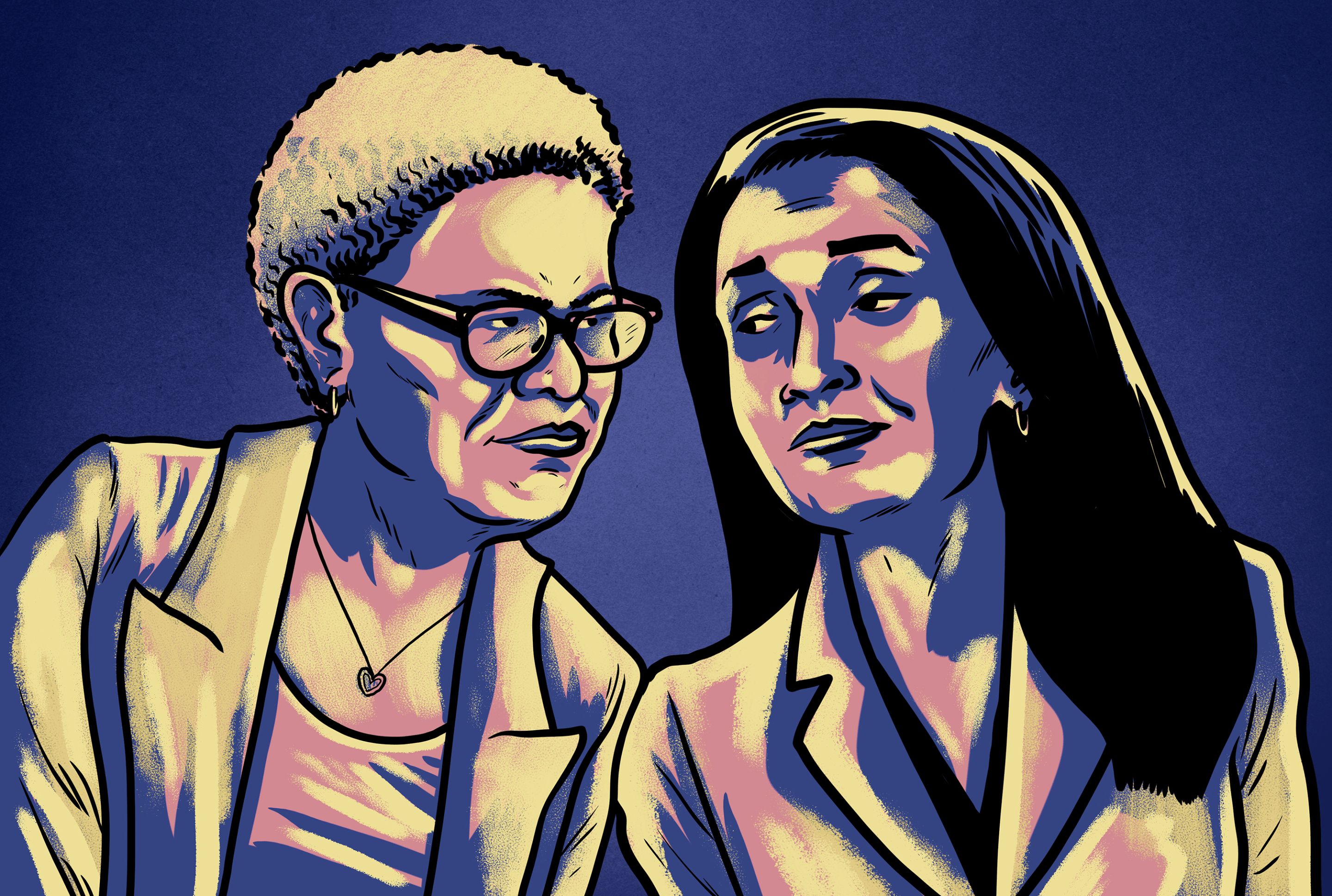 a drawing of Karen Bass and Nithya Raman looking at one another