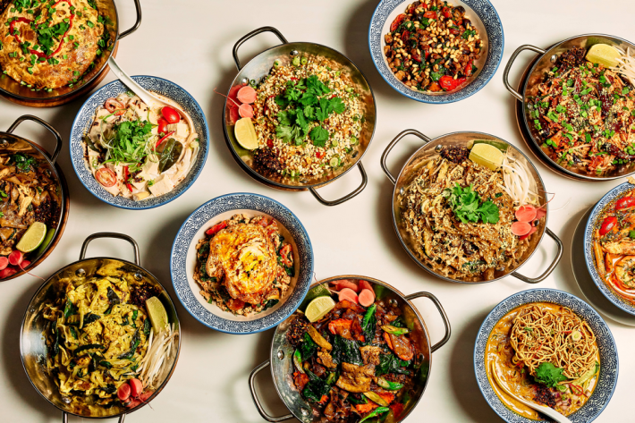 A spectrum of pad thai at Bobo Thai, in pots and on plates