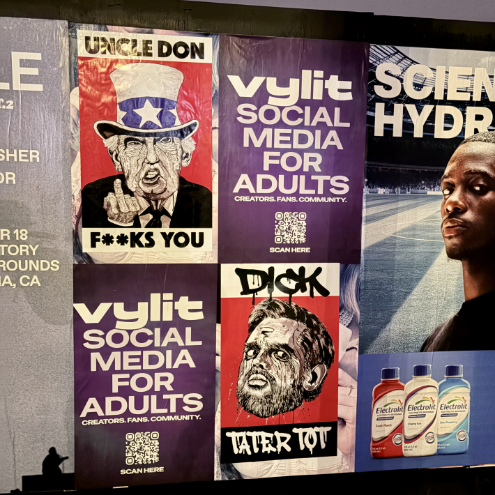 fliers of art "Uncle Don F**ks You" and "Dick Tater Tot" with faces of Trump and J.D. Vance