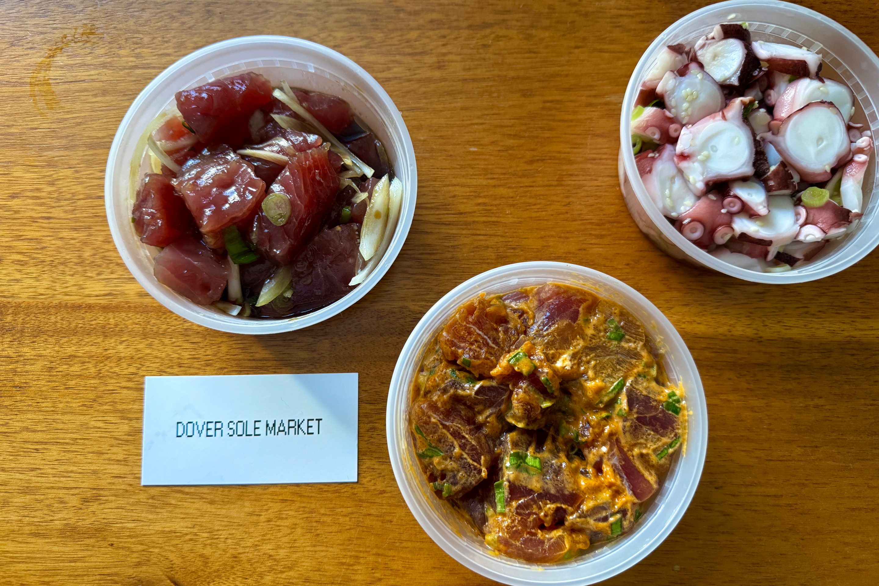 shoyu ahi, spicy ahi, and octopus pokes