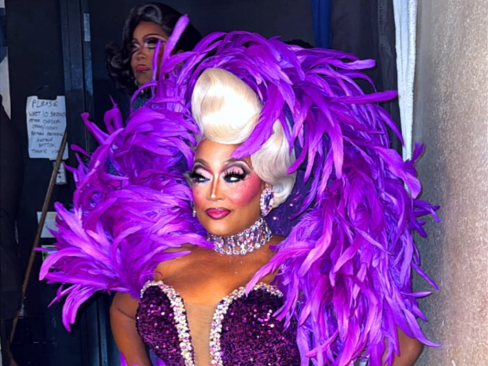 a woman with a purple boa and sparkly purple dress