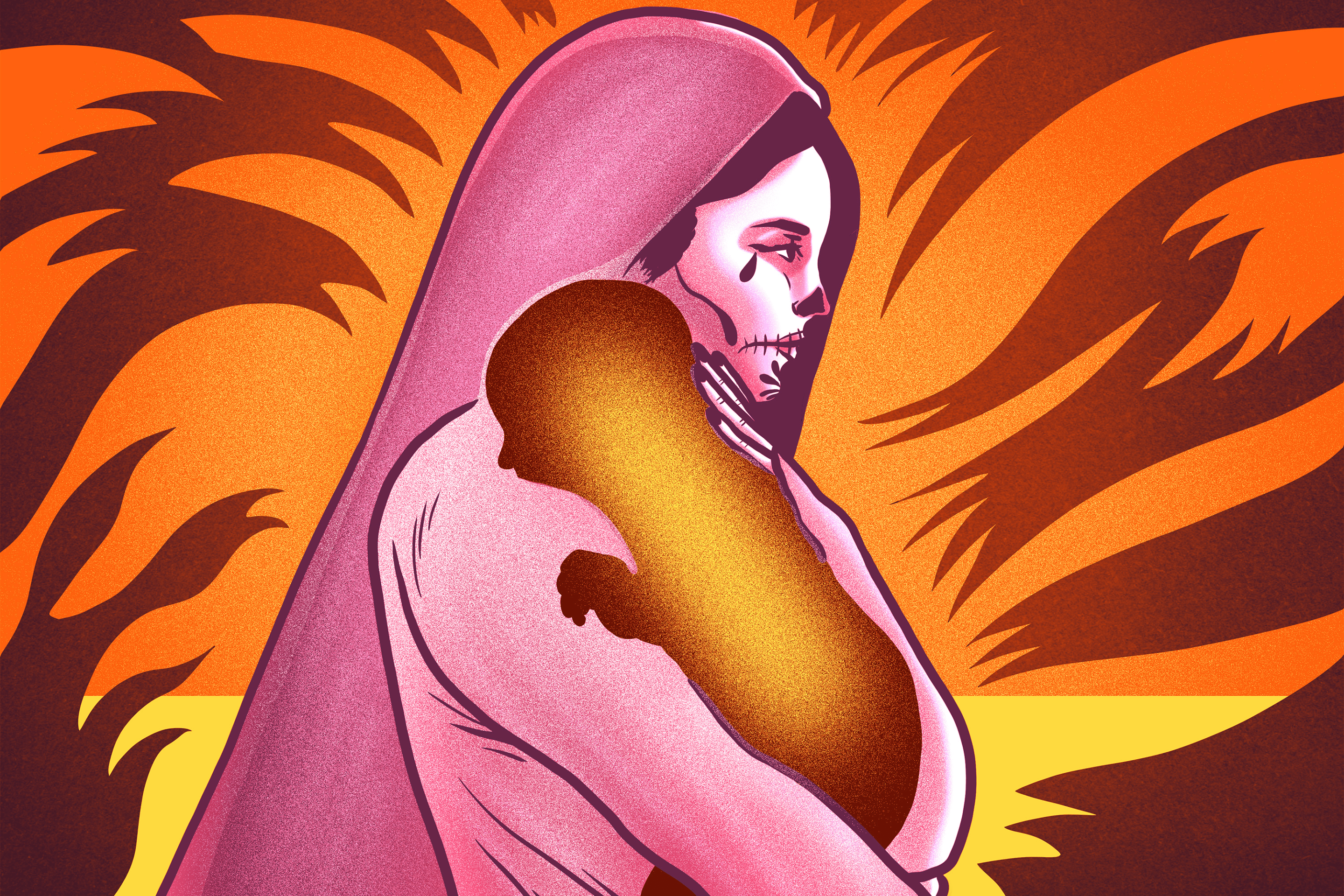 a drawing of La Llorona holding her baby