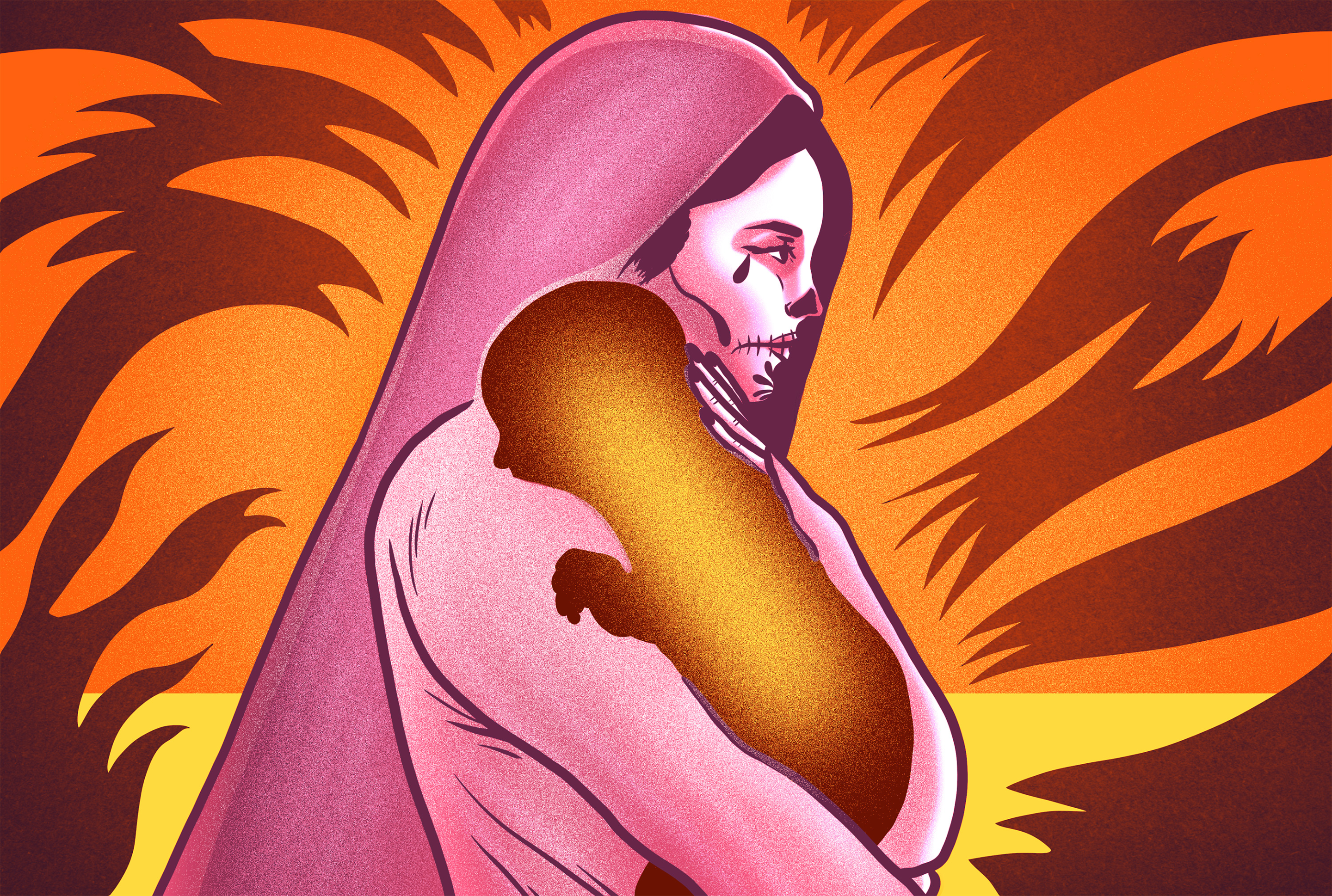 a drawing of La Llorona holding her baby