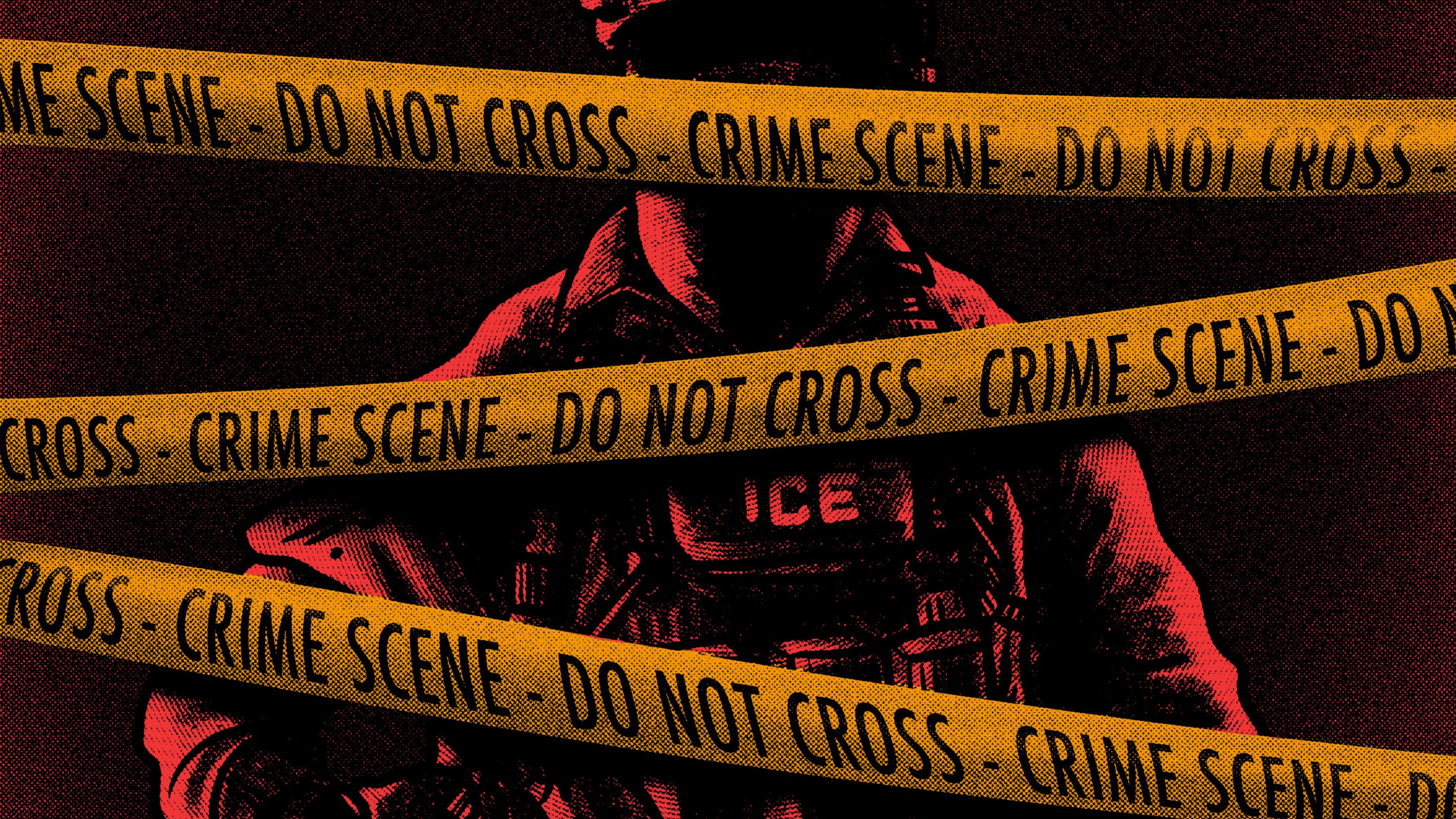 a drawing of a federal immigration agent behind caution tape