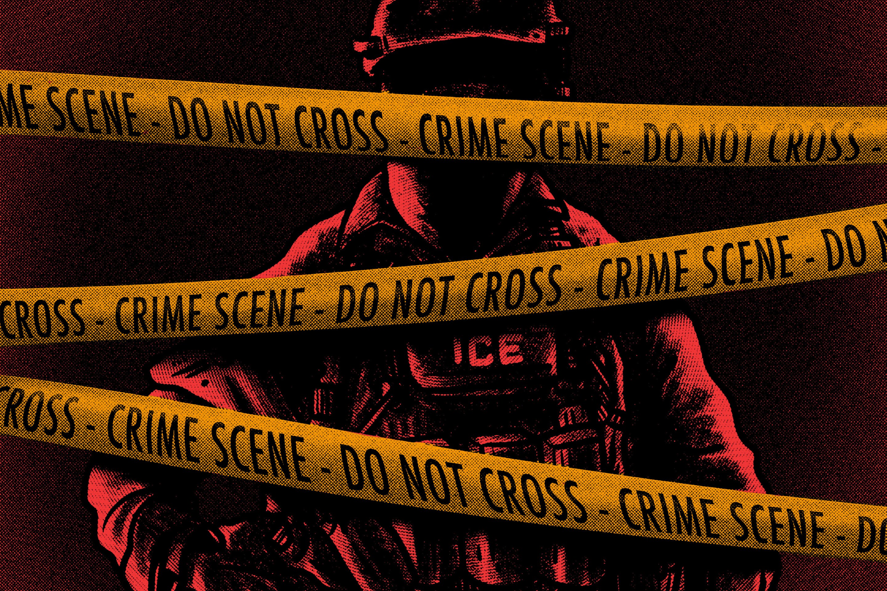 a drawing of a federal immigration agent behind caution tape