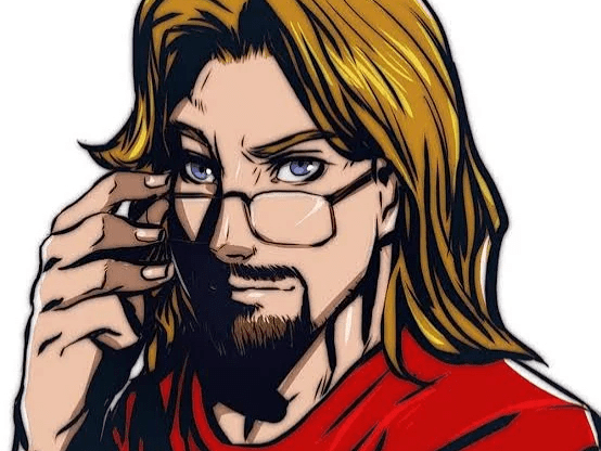 a drawing of a blond man with long hair and glasses