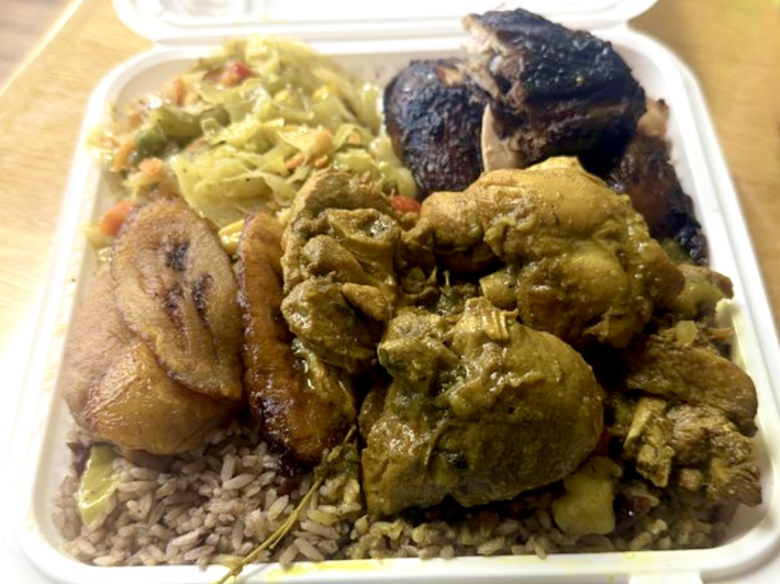 Curried goat and jerk chicken