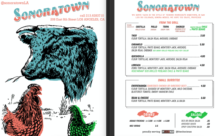 Sonoratown menu, featuring art of a cow and chickens