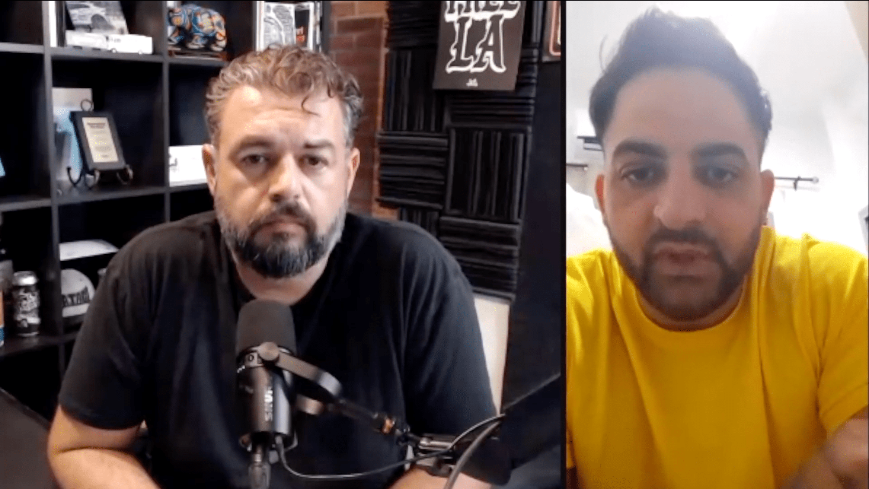 a screengrab of a video call between a man in a black tshirt calling a man in a yellow tshirt