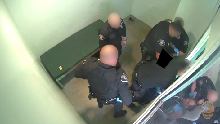 a man being restrained by multiple officers