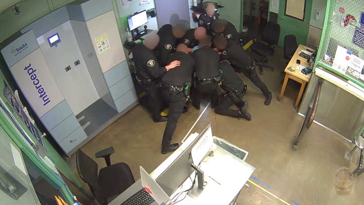 multiple officers work to restrain a man