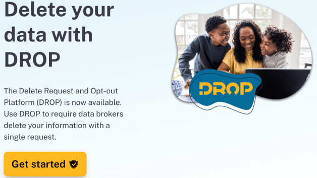 "delete your data with DROP" next to a photo of a mother and two kids looking at a laptop together