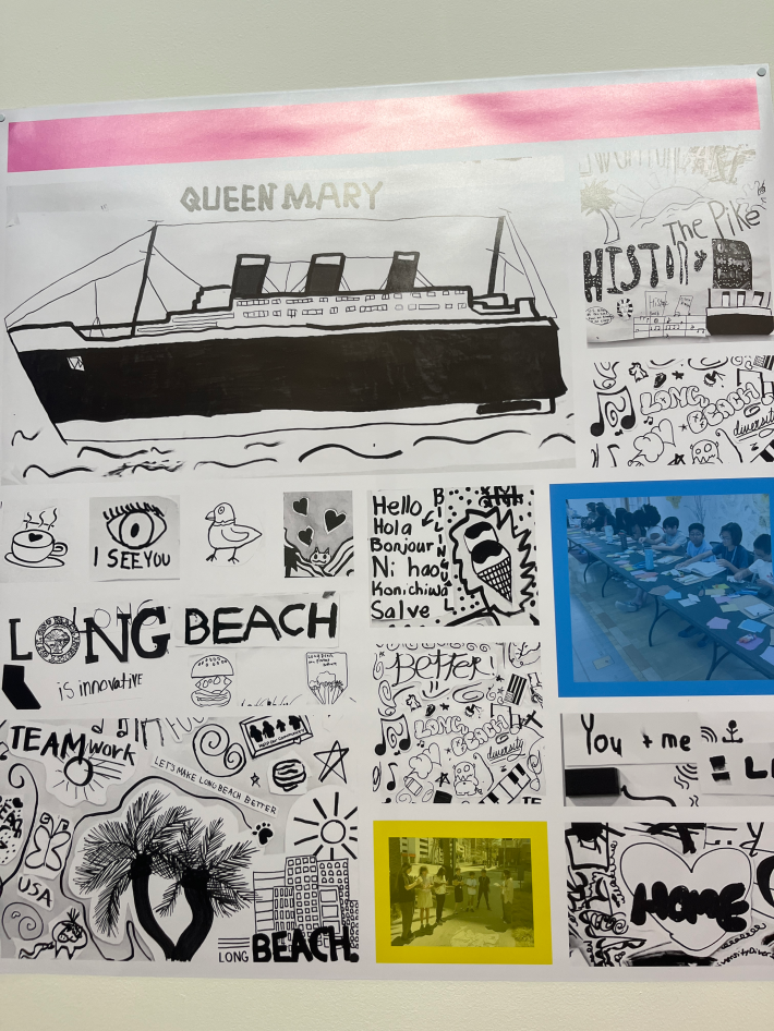 doodles about loving the Long Beach community and being part of the community including the Queen Mary and palm trees