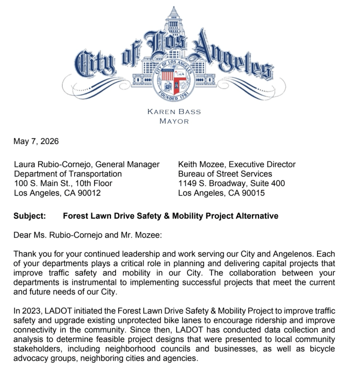 A letter from Mayor Karen Bass to the Department of Transportation's general manager and the Bureau of Street Services' executive director.