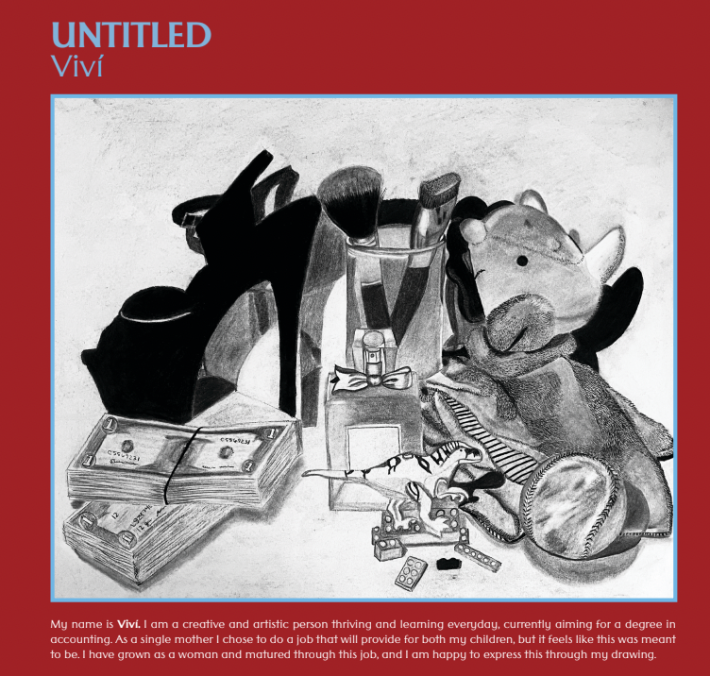 a black and white drawing of heels, makeup brushes, dollar bill stacks, and kid toys