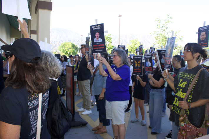Attendees protest against ICE activity at the Monrovia Home Depot