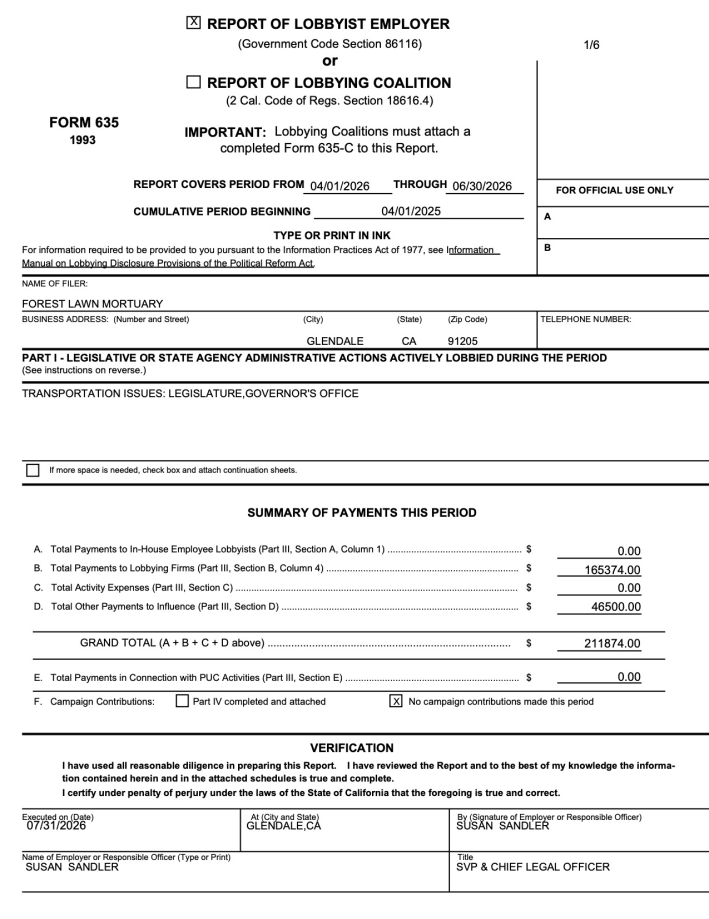 A document showing Forest Lawn Mortuary's summary of payments to lobbyists.