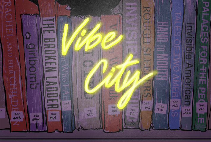 an illustration of the "Vibe City" logo glowing in front of books in the dark