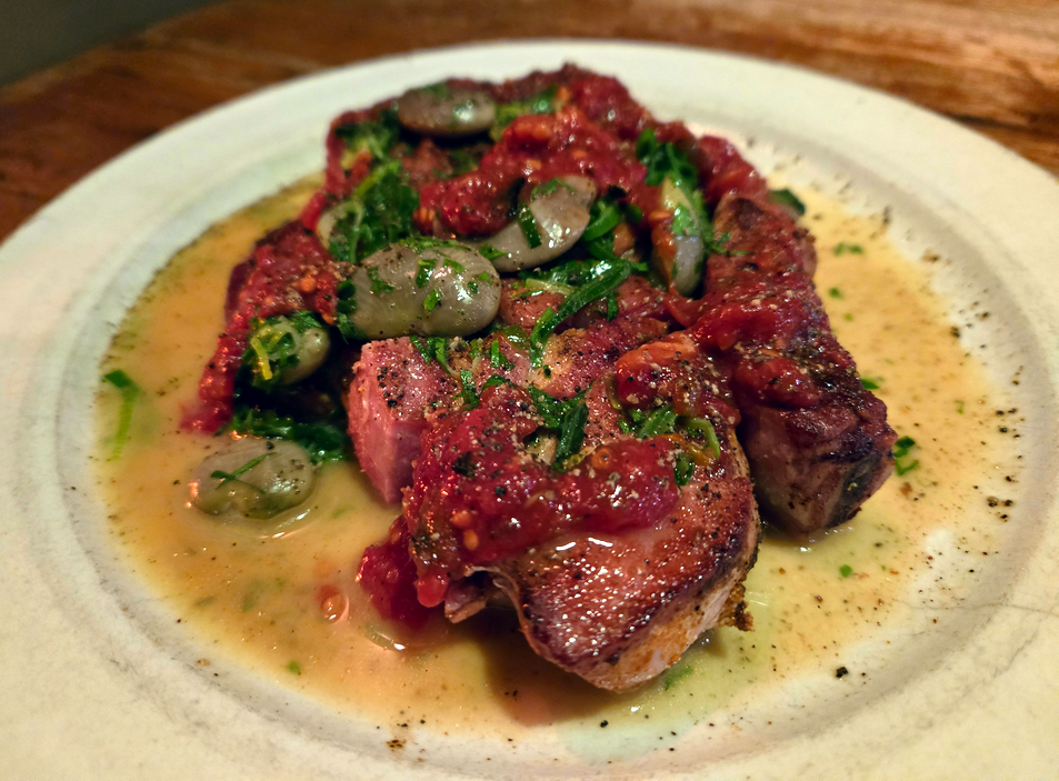 Peads & Barnetts pork chop with king beans and salsa molcajete at Rustic Canyon. Photo by Hadley Tomicki for L.A. TACO.