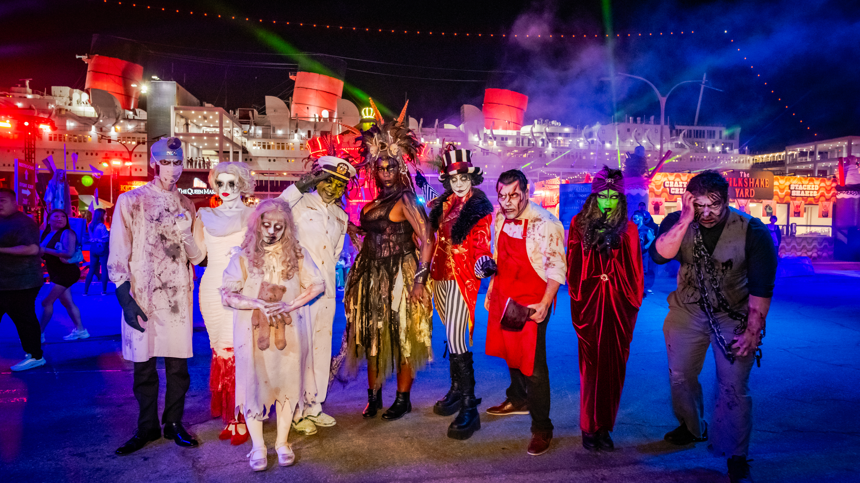 an ensemble of Queen Mary scare actors