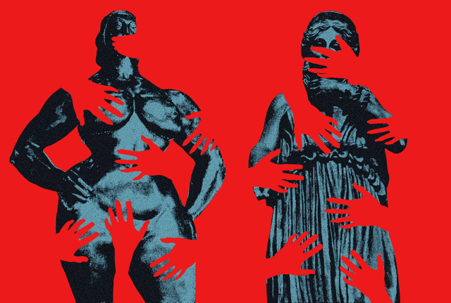 two statues representing women with the outline of red hands across their bodies including their chests and genital region