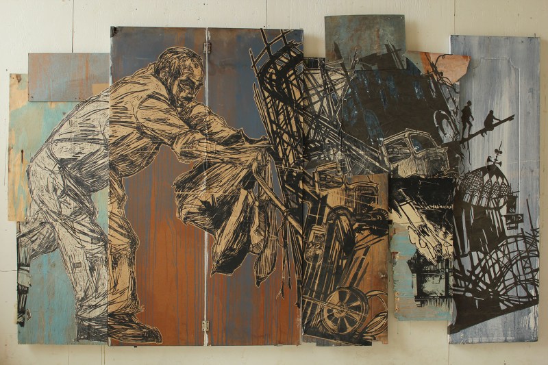 Swoon, Street Sweeper, 2008, Hand printed wood block print on paper and wood