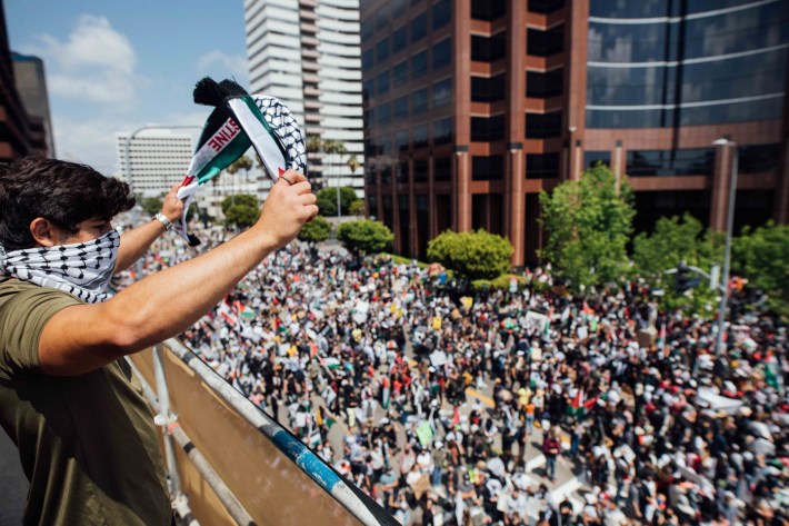 Thousands of people march down Wilshire Blvd.