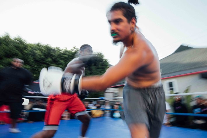 Two fighters in the middle of a match.