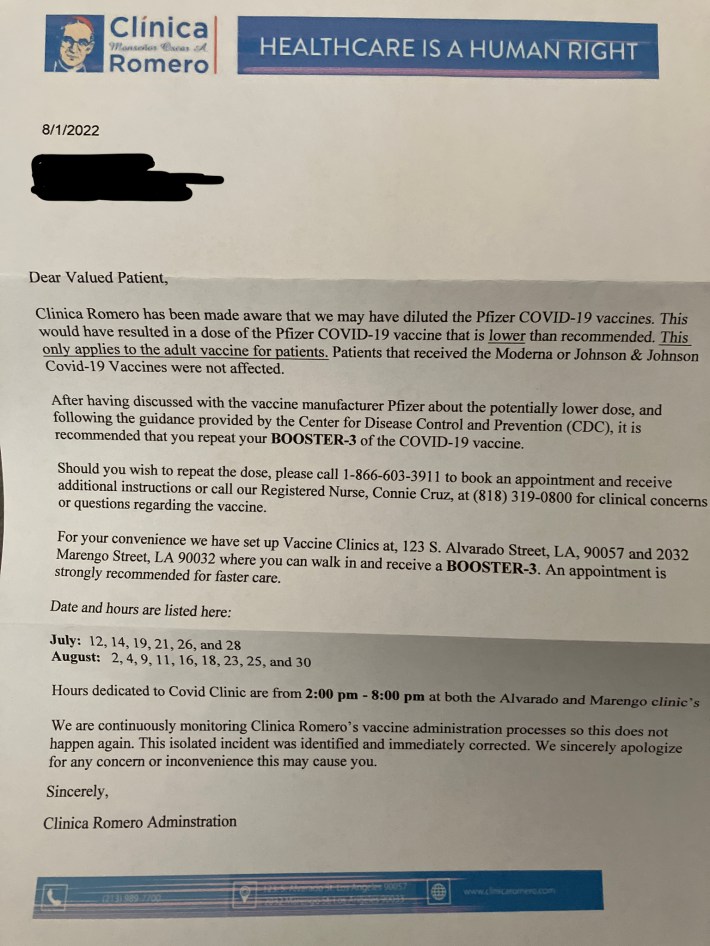 Clinca Romero letter informing patients that they received a diluted vaccine.