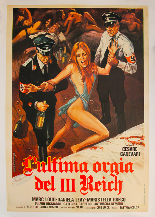 Gestapo's Last Orgy (Italy, 1977) The so-scabrous Nazisploitation genre, a deliciously tasteless Italian mash-up of women-in-prison and gory horror inspired by the profits of the Canadian Ilsa She Wolf of the SS, is raucously repped by this spellbinding trash treat, which aims for Night Porter-level romantic psychodrama but can't help shoving in essential sleaze ingredients like feasting on infants and a torture-tank full of slavering rats-- obviously played by adorable, frisky gerbils. Huge 39x55" Italian subway poster, on linen, with stunning pulpy art by sexploitation specialists Mario Piovano/Studio Paradiso.