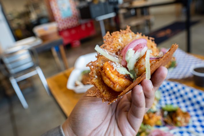 Shrimp taco on a keto all-cheese tortilla at Chinito's Tacos.