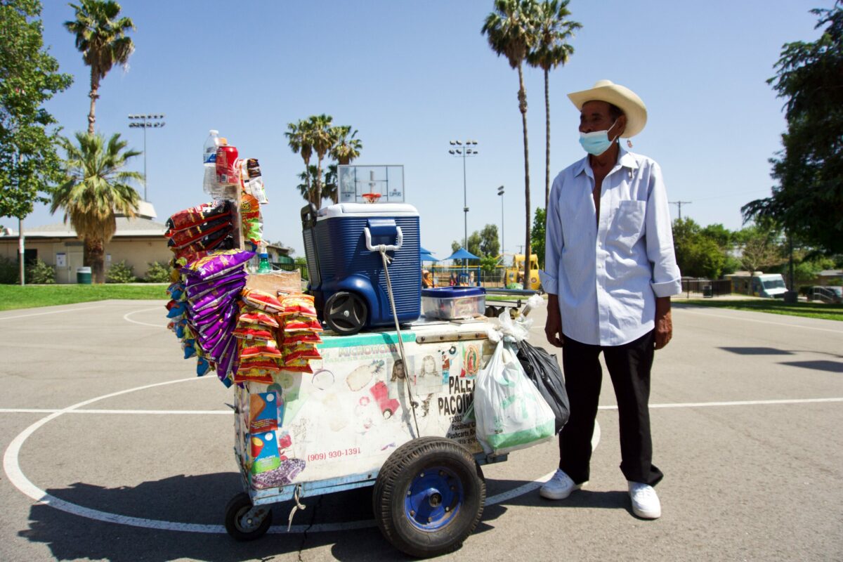Don Max the beloved Pacoima ice cream vendor setting up post at Humphrey Park on Saturday May 9, 2021.