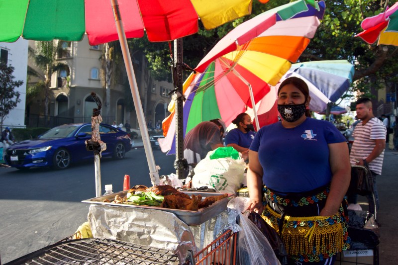 A bacon-wrapped street vendor. Photo by Janette Villafana for L.A. TACO.