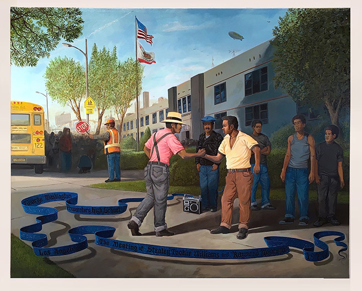 "The Founding of the Crips" (George Washington Preparatory High School - Los Angeles - The Meeting of Stanley "Tookie" Williams and Raymond Washington - 1971) Acrylic on Canvas, 43" x 54". (#2016-1)