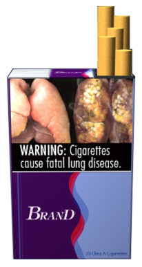 Healthy lungs next to diseased lungs. Smoke around diseased lungs. Pictured on an example cigarette pack