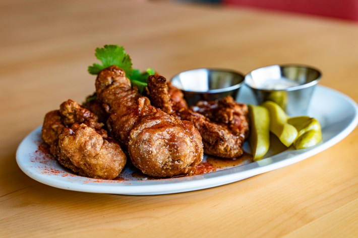 The masa-fried chicken served at Homage Brewing, by chef Balo. Photos by Memo Torres for L.A. TACO.