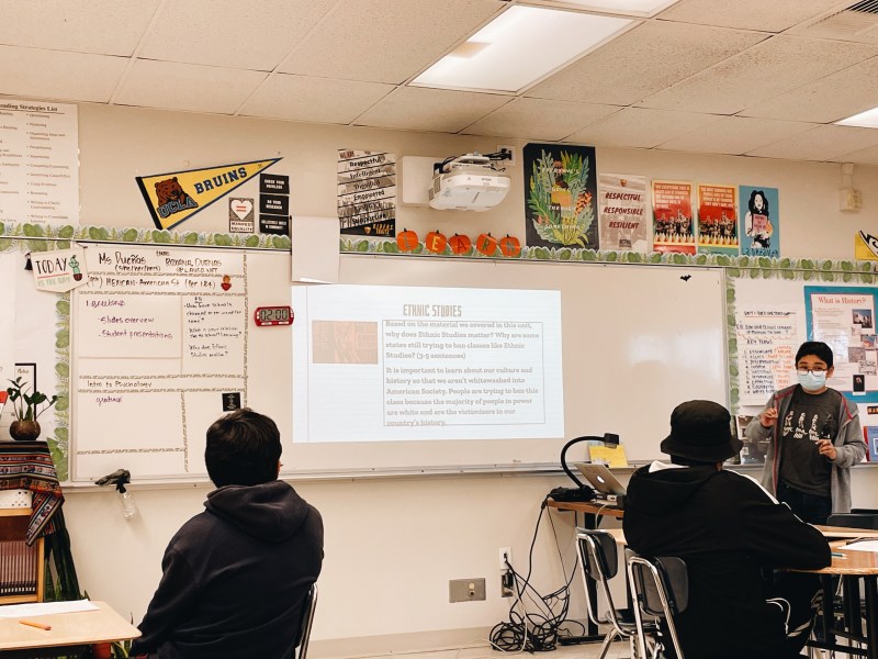 Students at Roosevelt High school present an oral presentation on the East LA walk-outs as well as discussing why ethnic studies classes are so important to them. Photo by Janette Villafana for L.A. TACO.
