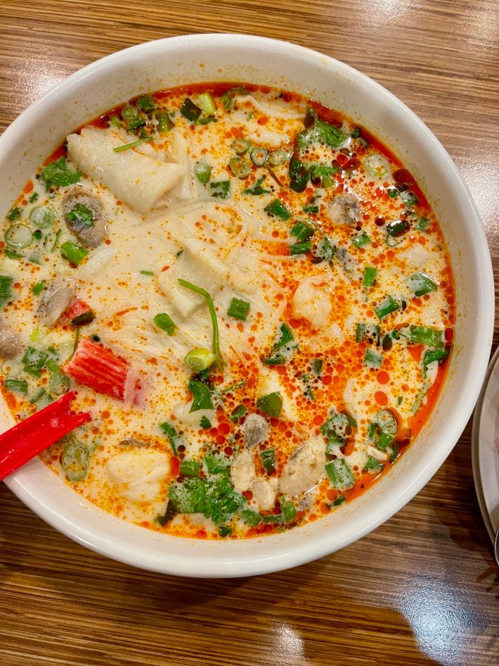 Seafood tom kah noodle soup at Noodle World's Alhambra location.