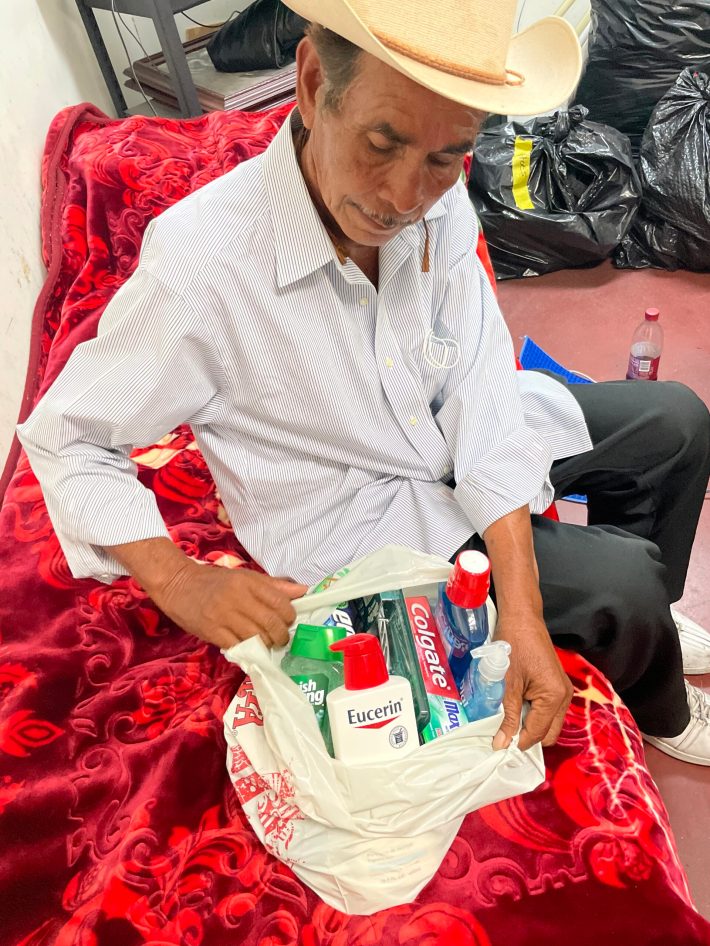 Don Max, in a small storage room that was provided to him after he was evicted from a room he was renting. The community donated blankets a small bed and other necessities to keep Max comfortable while they find a more stable home for him.