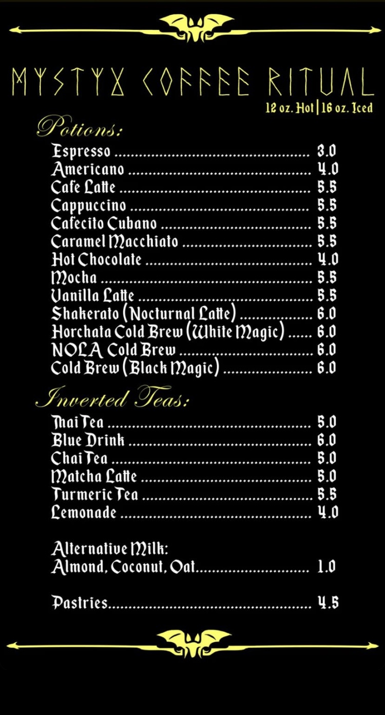 Mystyx Kafe’s goth-inspired menu and drinks. Photo by mystyxkafe.